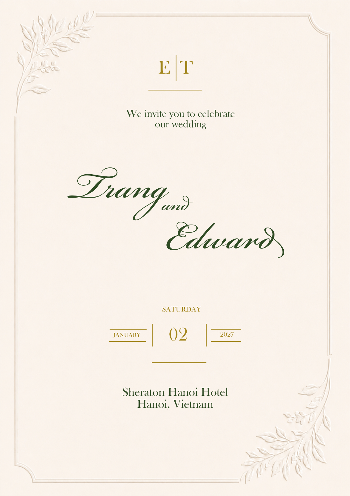 Trang and Edward — we invite you to celebrate our wedding, Saturday, January 2, 2027, Sheraton Hanoi Hotel